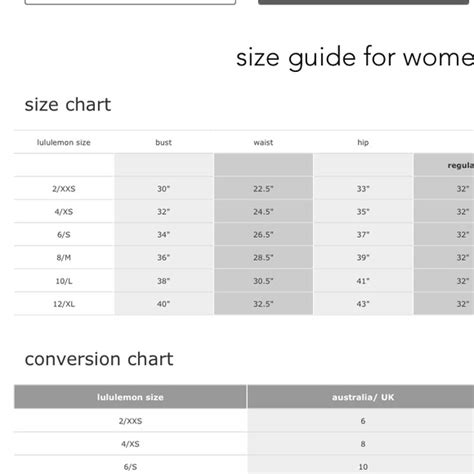 lululemon tops size chart.